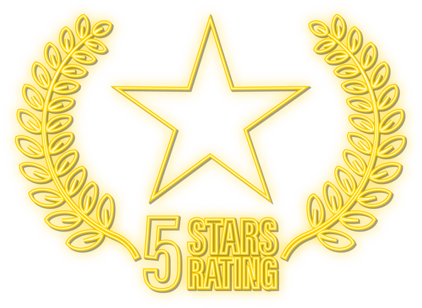5 star rating. Badge with neon icon. Customer review rating